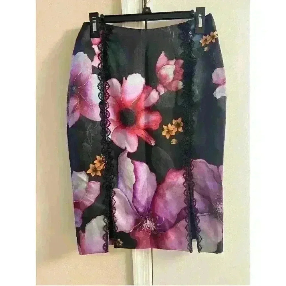 Marchesa Notte Black Satin Floral Lace Skirt Size 4